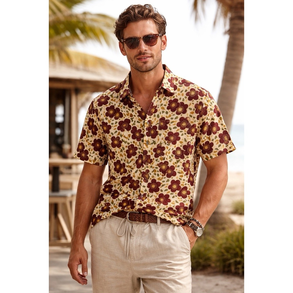 Original Stitch Button-Up Shirt Men's Floral Short Sleeve 100% Cotton XL